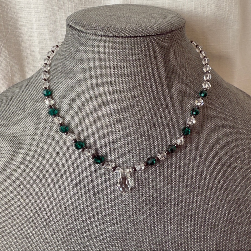 Beaded Crystal Drop Necklace | Clear & Green Beads | Lightweight